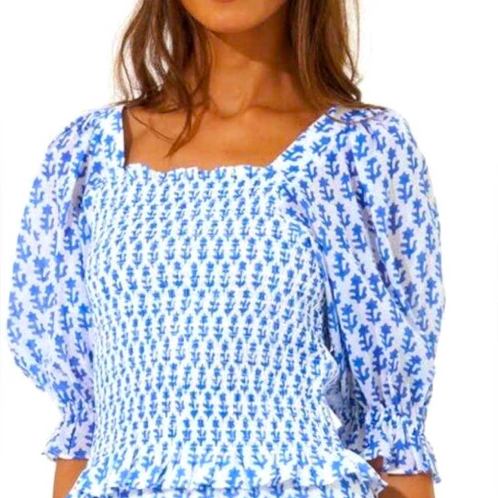 NWT Oliphant Smocked Top Poppy Flora Blue